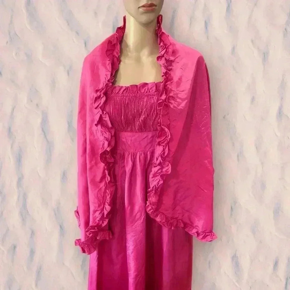 Vintage pink 80’s taffeta maxi dress matching shawl smocked top-Sm - Picture 6 of 14